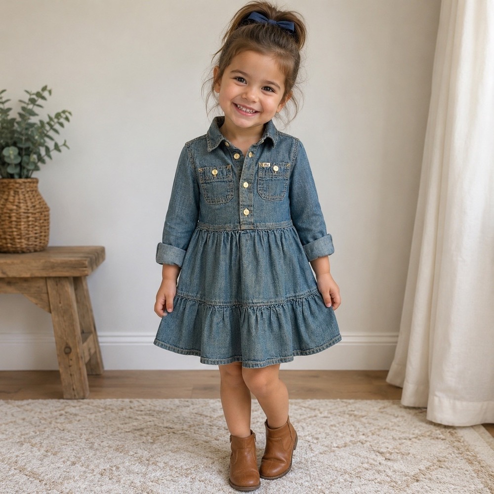 Polo Ralph Lauren Girls Denim Shirt Fit & Flare Long Sleeve Dress Size 3T Preppy
